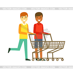 Two smiling men with an empty shopping carts, - vector image