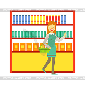 Woman shopping at supermarket and buying products. - vector clip art