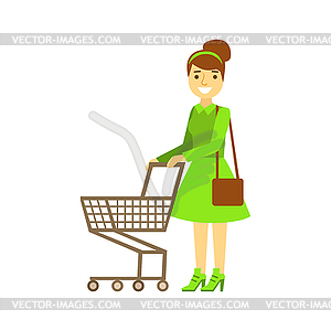 Smiling woman with an empty shopping cart, - vector clipart