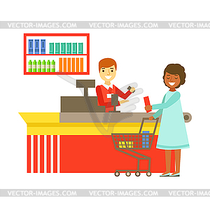 Cashier serving buyer at cash register in - vector clip art