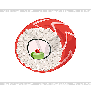 Roll with cream cheese and cucumber inside. Colorfu - vector image