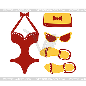 Купальник, бокалы, босоножки, сандалии, пляж для женщин - изображение в векторном виде