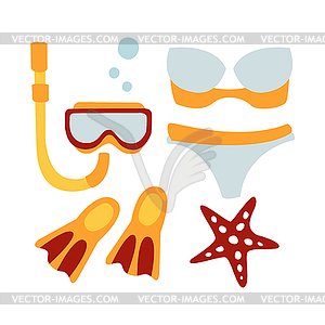 Women swimsuit and accessories for diving. - vector clipart