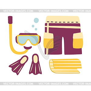 Shorts, fins, snorkel and mask for diving. - vector clipart