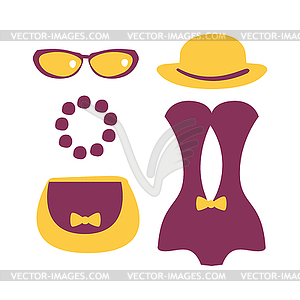 Purple swimsuit with beach accessories. Colorful - vector clip art