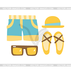 Slippers, shorts, sun glasses and straw hat . - vector image