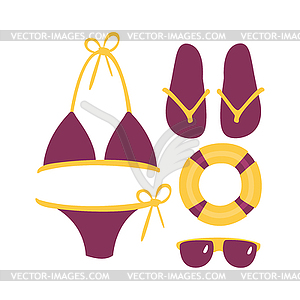 Purple swimsuit with beach accessories. Beach and - vector clipart