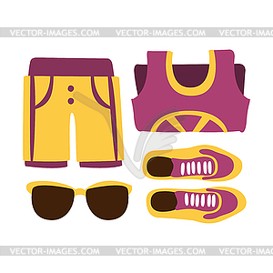 Sneakers, shorts and sun glasses in purple colors. - vector clipart