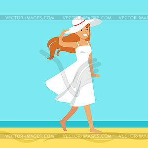 Beatuful woman in white dress and beach hat - vector clip art