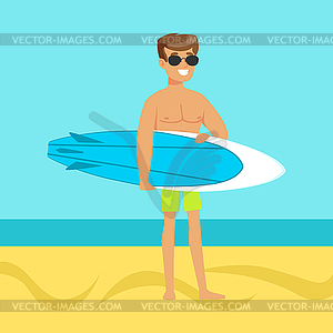 Surfer walking on beach with surfboard colorful - vector image