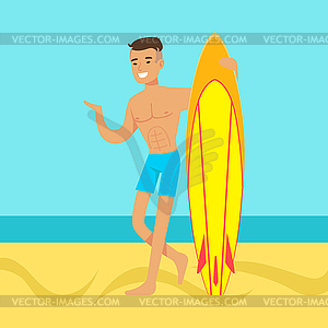 Young man walking on beach with surfboard - vector clipart