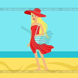 Beatuful woman in red dress and beach hat against - vector image