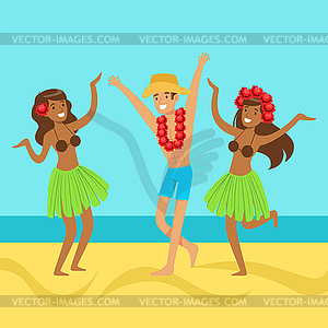 Hawaiian girls and happy man dancing on on - royalty-free vector image