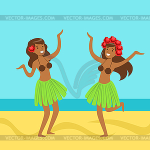 Hawaiian girl in grass skirt, with hibiscus in hair - vector image