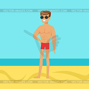 Молодой привлекательный молодой человек на тропический пляж - векторное изображение EPS