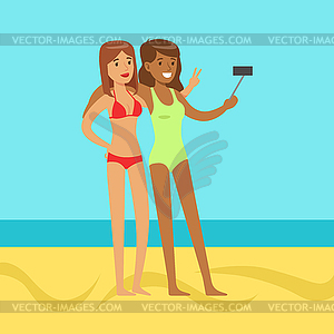 Happy girlfriends taking selfie against bright - vector image