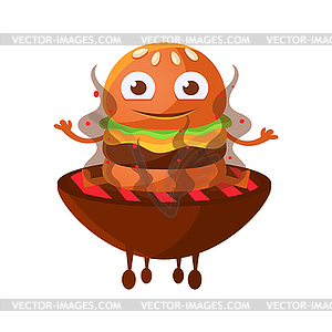 Funny smiling burger with big eyes sitting on hot - vector image