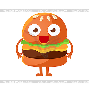 Funny burger with big eyes standing. Cute cartoon - vector clipart