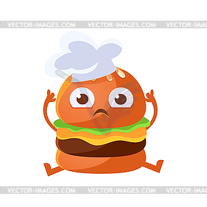 Funny burger with big eyes sitting wearing in chef - vector image