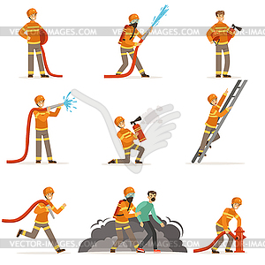 Firemen characters doing their job and saving peopl - vector clipart