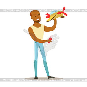 Young woman launching radio controlled airplane. - vector image