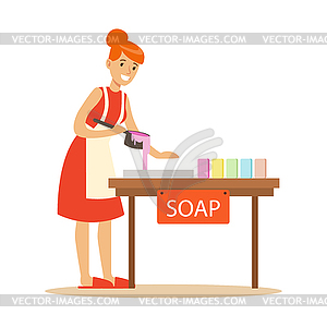 Happy young woman making homemade soap. Craft - royalty-free vector clipart