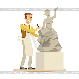 Young man sculptor working on his sculpture. Craft - vector image