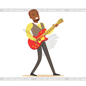 Young musician playing electric guitar. Colorful - vector clipart