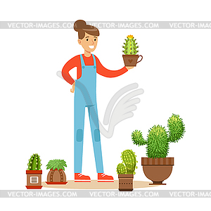 Woman planting succulents. Hobby or profession - vector clipart / vector image