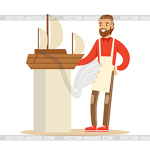 Smiling man making model of sail boat. Hobby or - vector image