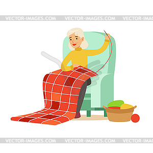 Grandmother sewing sitting in chair. Colorful - vector image