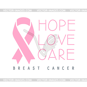 Hope, love, care breast cancer label. in pink colors - vector clipart