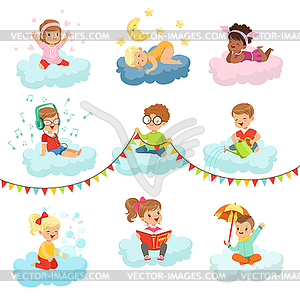 Lovely little boys and girls sitting on clouds - vector clipart