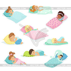 Adorable little boys and girls sleeping sweetly in - vector image