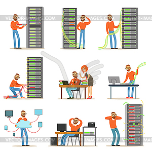 Young engineer working in network server room. - vector clipart