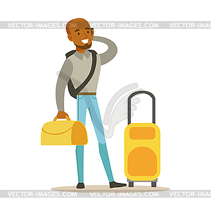 Молодой человек с желтыми чемоданами и talkin - клипарт в векторном формате