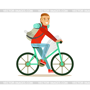 Bicyclist traveler with backpack riding bike, - vector clipart