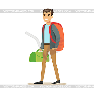 Happy young man traveler standing with backpack - vector clipart
