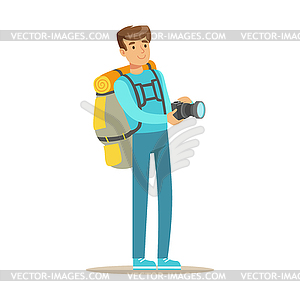 Happy young man standing with backpack and holding - vector clip art