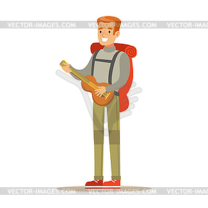 Young smiling man traveler with backpack and quitar - vector clipart