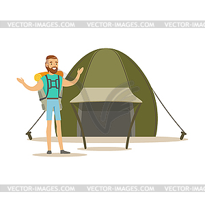 Young bearded man traveler with backpack standing - vector image