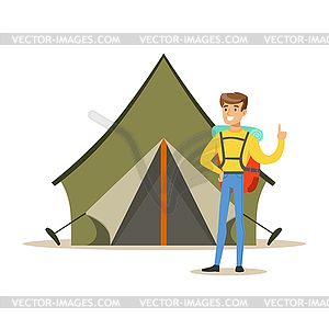 Smiling man with backpack standing near tourist - vector image