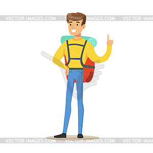 Young man tourist standing with backpack colorful - vector clipart