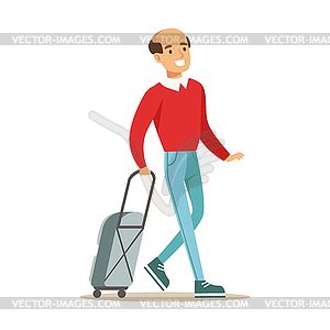 Smiling man traveling with suitcase. Colorful - vector clipart