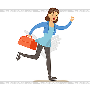 Girl running with suitcase late for flight. Colorfu - vector clipart / vector image