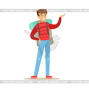 Happy young man traveling with backpack. Colorful - vector image