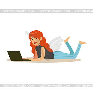 Beautiful young redhead woman lying on her stomach - vector clip art