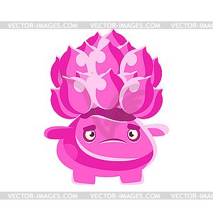 Симпатичный розовый кактус с разочарованным лицом. Мультяшный - векторное графическое изображение
