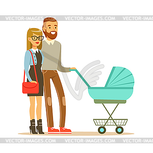 Young couple walking with they newborn baby in - vector image