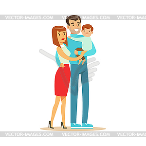 Happy young couple and cute baby boy, father hildin - vector image